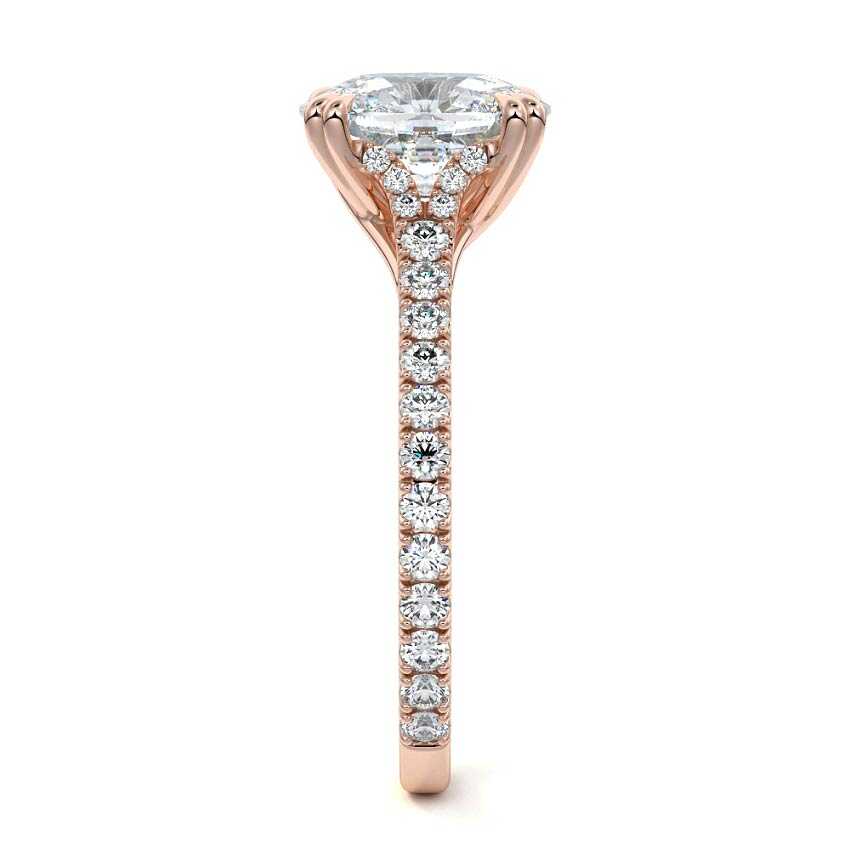 Rose gold Cushion Diamond Engagement Ring with Double Prongs, Hidden Halo and Pavé Band
