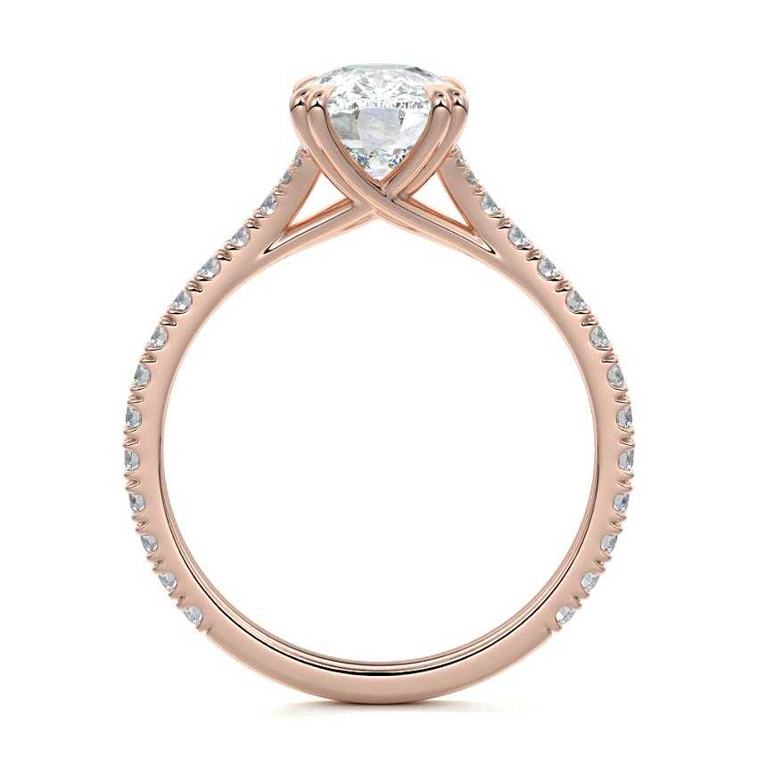 Rose gold Cushion Diamond Engagement Ring with Double Prongs, Hidden Halo and Pavé Band