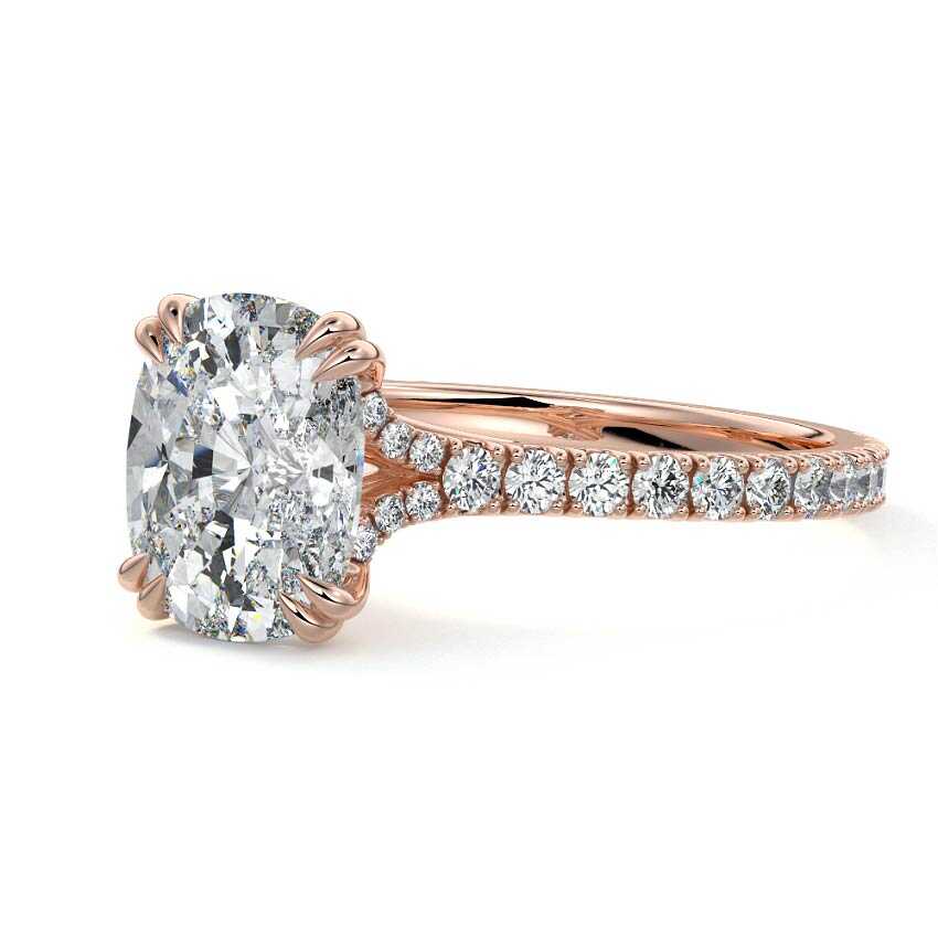 Rose gold Cushion Diamond Engagement Ring with Double Prongs, Hidden Halo and Pavé Band