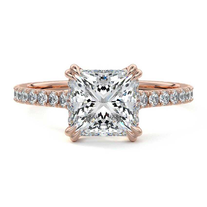 Rose gold Princess Diamond Engagement Ring with Double Prongs, Hidden Halo and Pavé Band