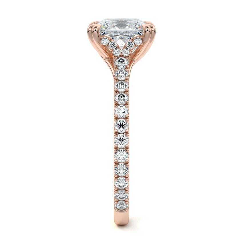 Rose gold Princess Diamond Engagement Ring with Double Prongs, Hidden Halo and Pavé Band