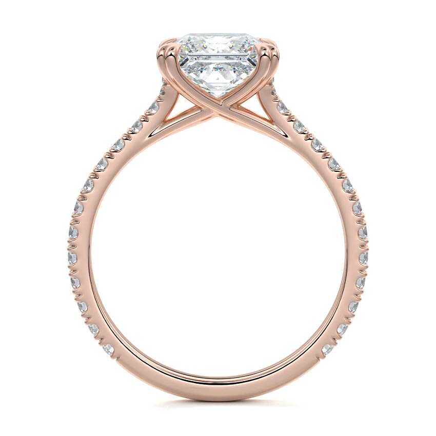 Rose gold Princess Diamond Engagement Ring with Double Prongs, Hidden Halo and Pavé Band