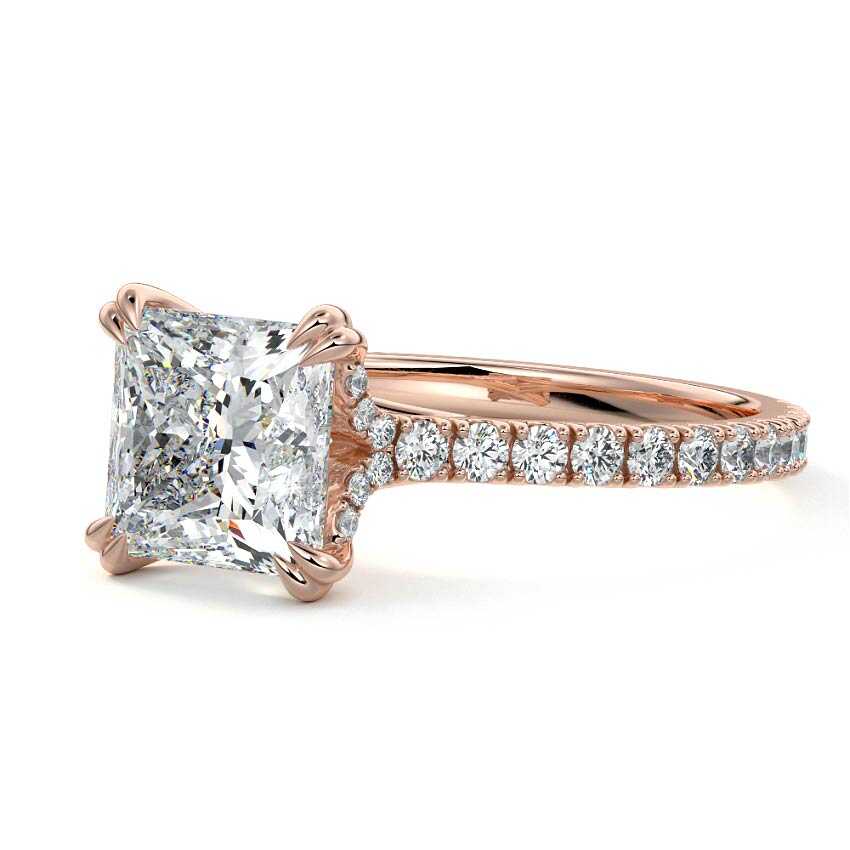 Rose gold Princess Diamond Engagement Ring with Double Prongs, Hidden Halo and Pavé Band