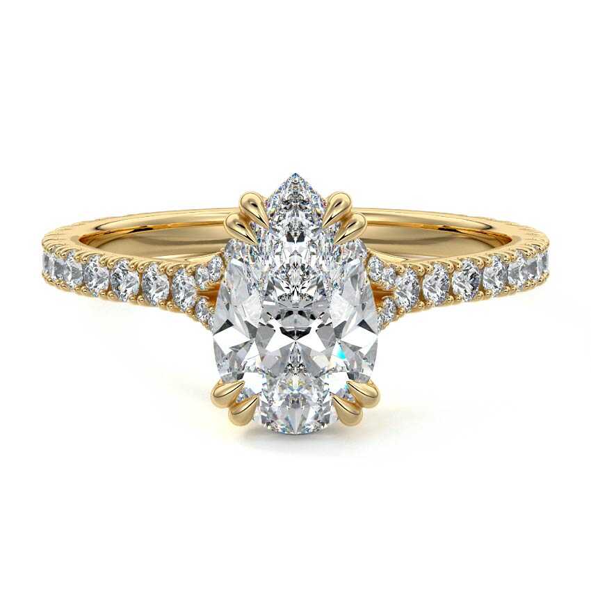 Yellow gold Pear Diamond Engagement Ring with Double Prongs, Hidden Halo and Pavé Band