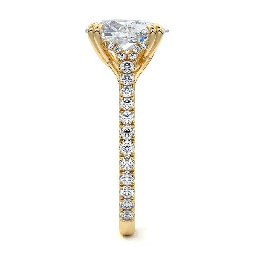 Yellow gold Pear Diamond Engagement Ring with Double Prongs, Hidden Halo and Pavé Band