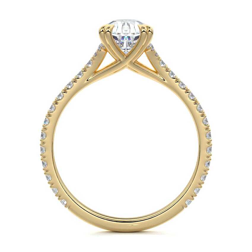 Yellow gold Pear Diamond Engagement Ring with Double Prongs, Hidden Halo and Pavé Band