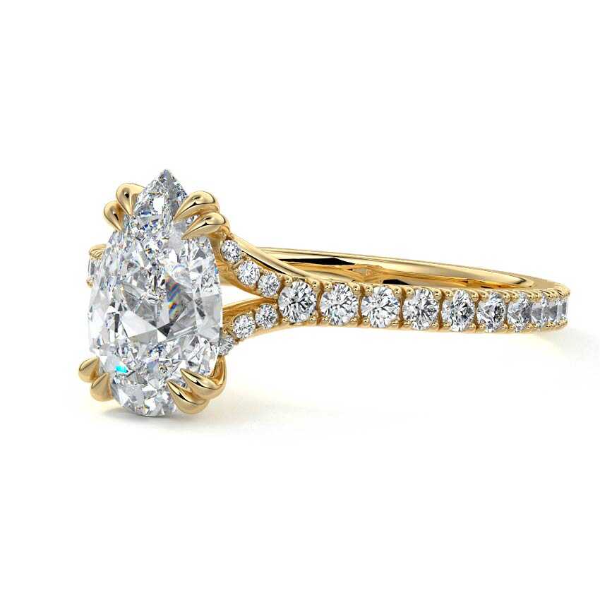 Yellow gold Pear Diamond Engagement Ring with Double Prongs, Hidden Halo and Pavé Band