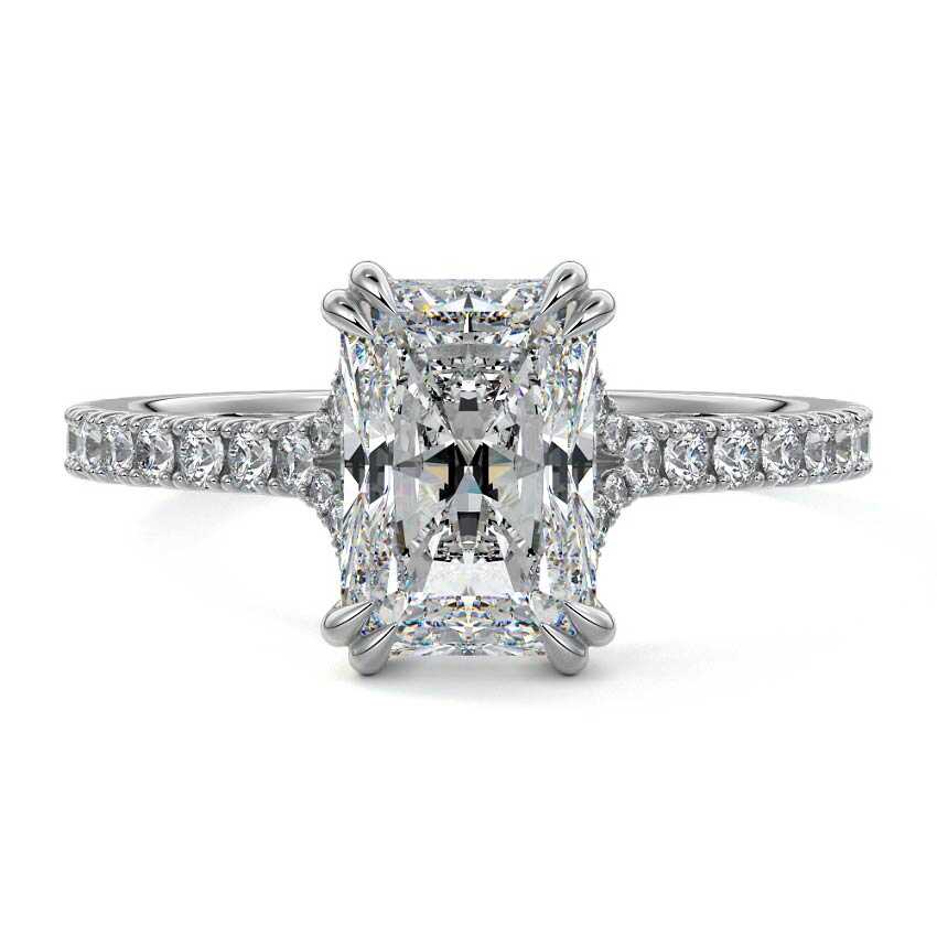 White gold Radiant Diamond Engagement Ring with Double Prongs, Hidden Halo and Pavé Band