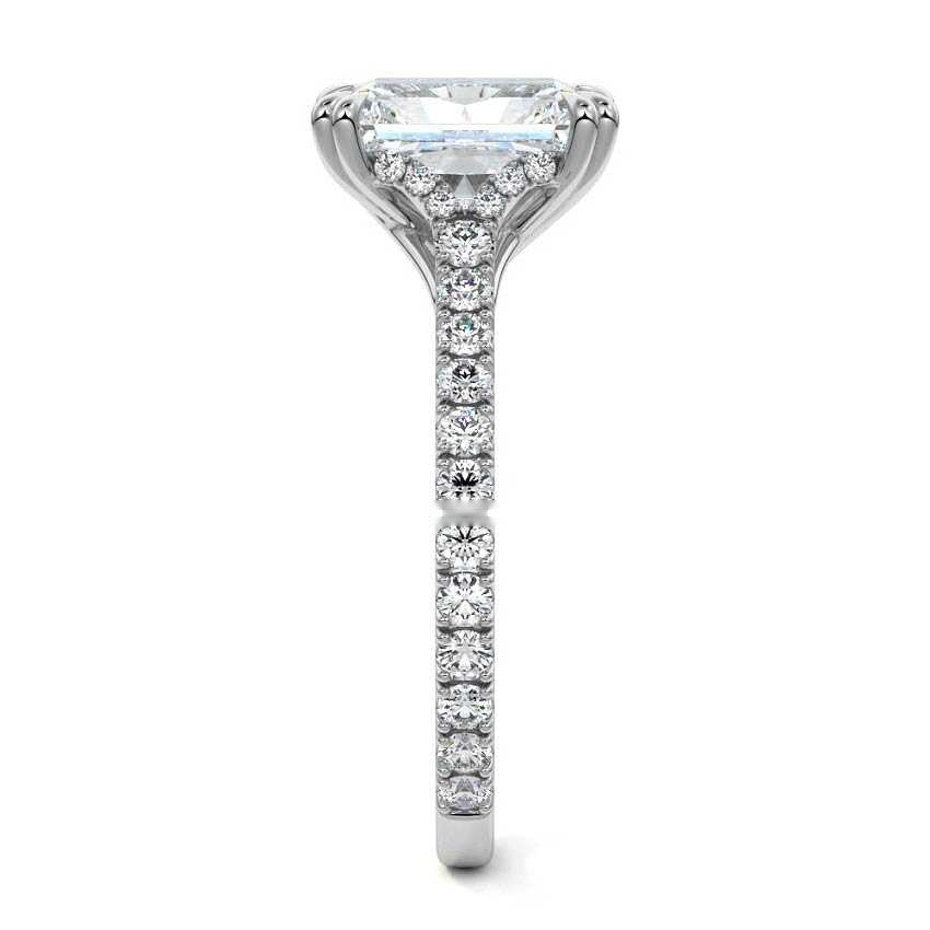 White gold Radiant Diamond Engagement Ring with Double Prongs, Hidden Halo and Pavé Band 