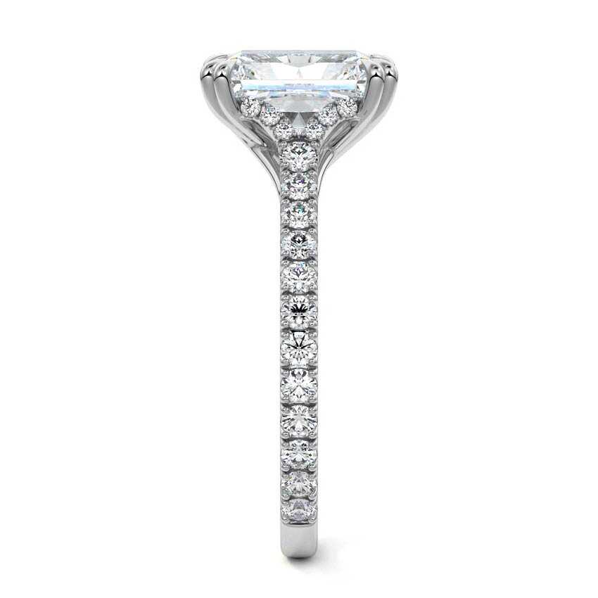 White gold Radiant Diamond Engagement Ring with Double Prongs, Hidden Halo and Pavé Band