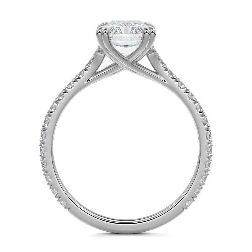 White gold Radiant Diamond Engagement Ring with Double Prongs, Hidden Halo and Pavé Band