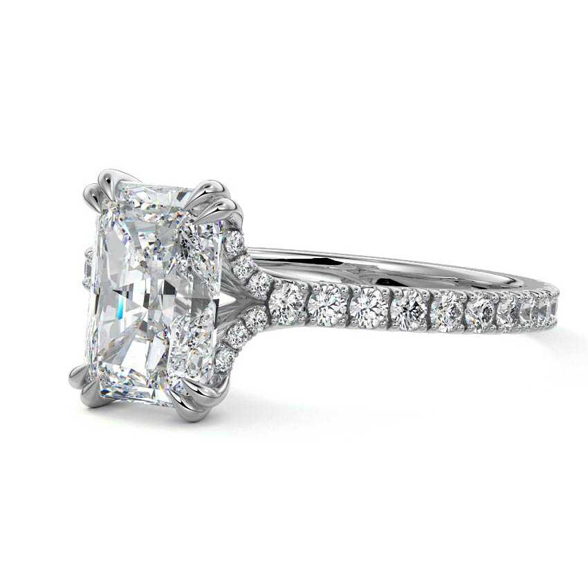 White gold Radiant Diamond Engagement Ring with Double Prongs, Hidden Halo and Pavé Band