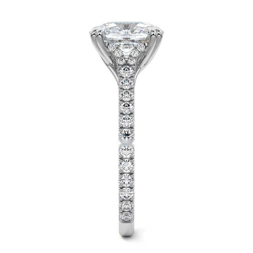 White gold Cushion Diamond Engagement Ring with Double Prongs, Hidden Halo and Pavé Band 