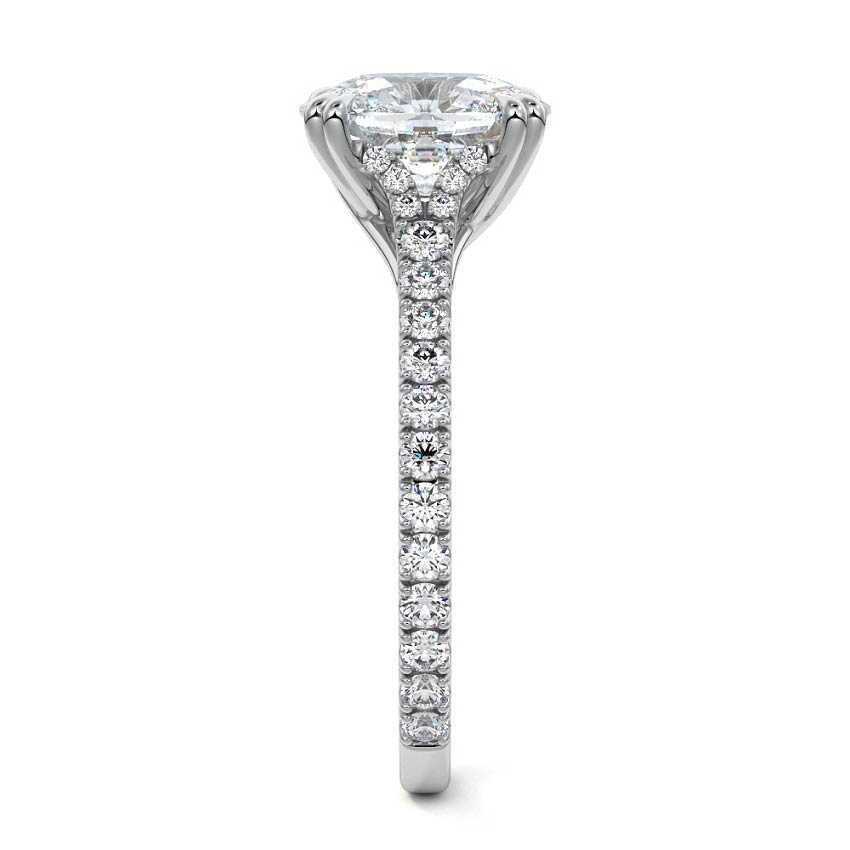 White gold Cushion Diamond Engagement Ring with Double Prongs, Hidden Halo and Pavé Band