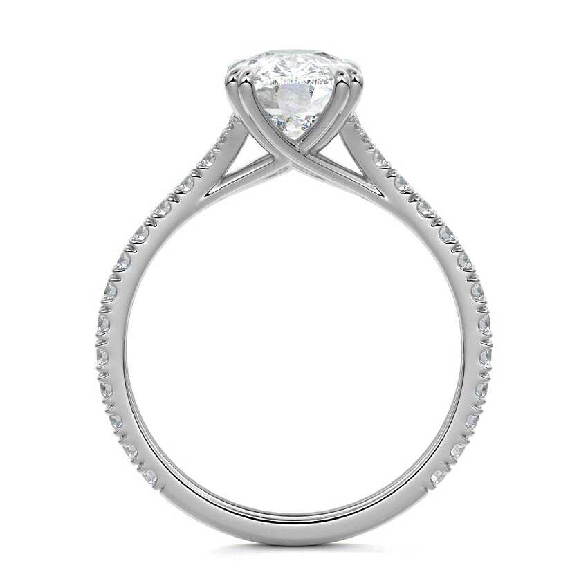 White gold Cushion Diamond Engagement Ring with Double Prongs, Hidden Halo and Pavé Band