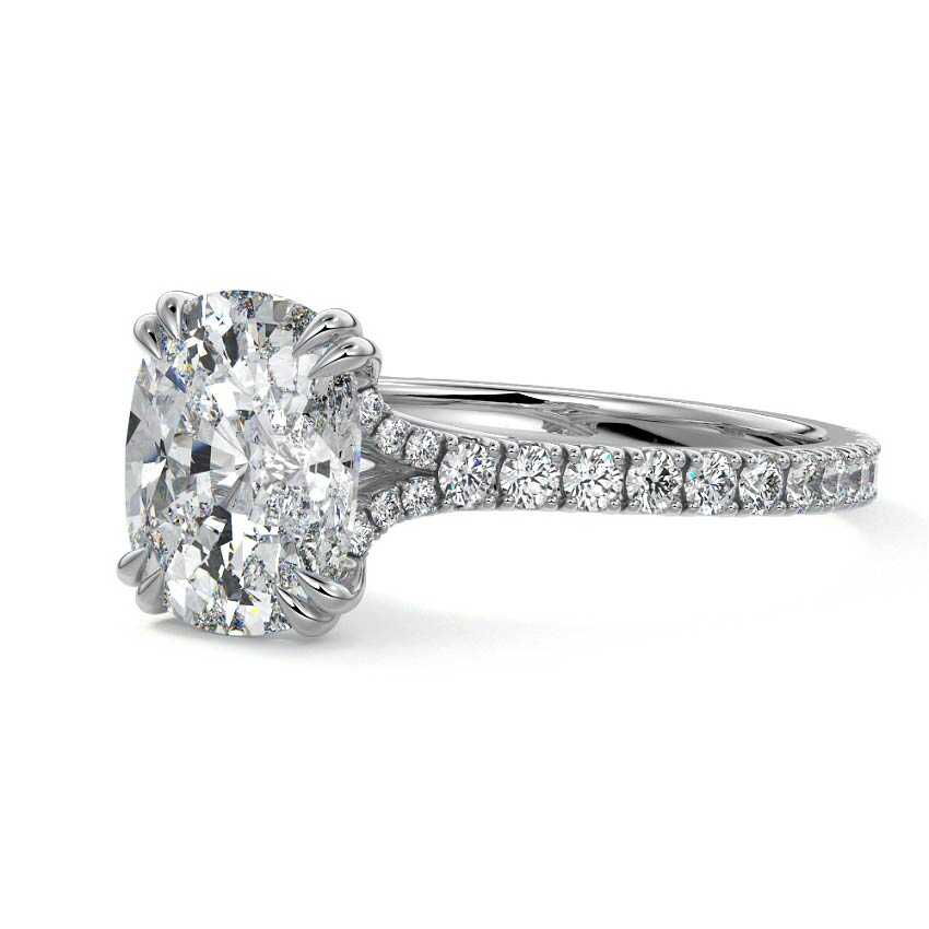 White gold Cushion Diamond Engagement Ring with Double Prongs, Hidden Halo and Pavé Band