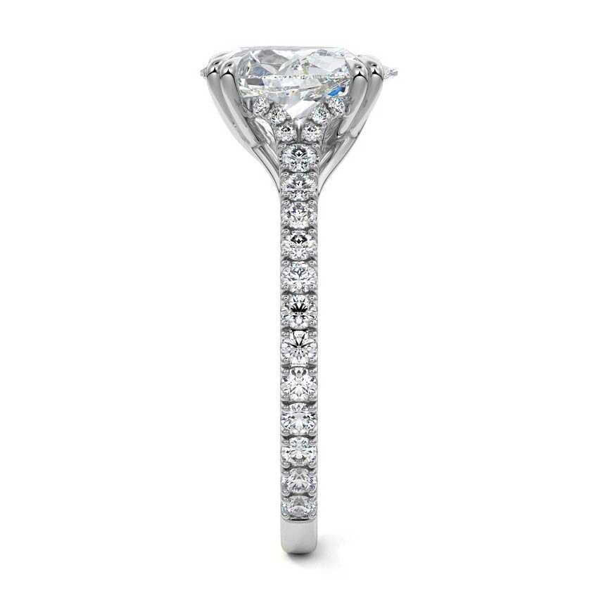 Platinum Pear Diamond Engagement Ring with Double Prongs, Hidden Halo and Pavé Band