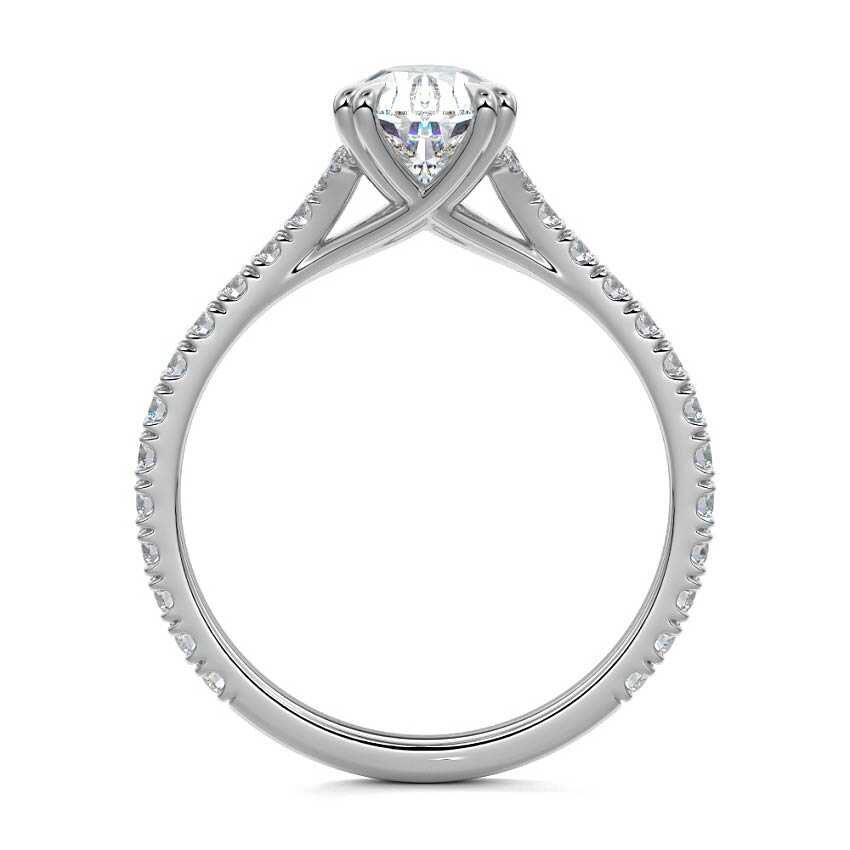 Platinum Pear Diamond Engagement Ring with Double Prongs, Hidden Halo and Pavé Band