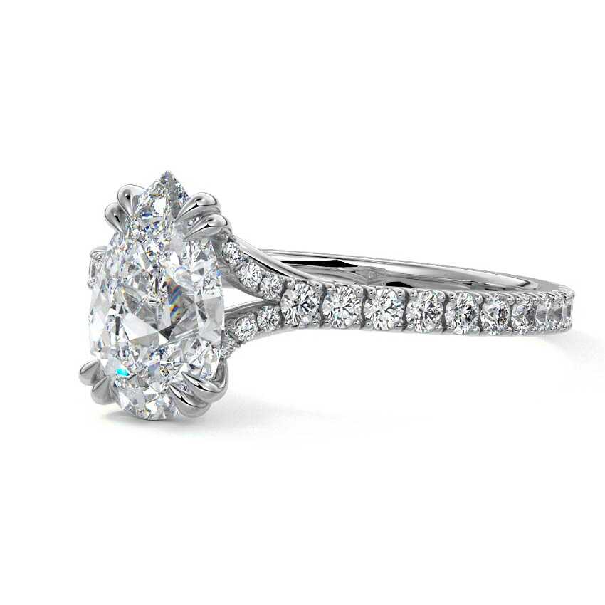 Platinum Pear Diamond Engagement Ring with Double Prongs, Hidden Halo and Pavé Band