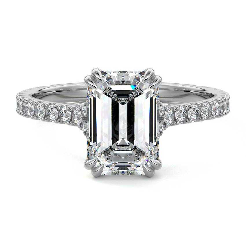 Platinum Emerald Diamond Engagement Ring with Double Prongs, Hidden Halo and Pavé Band