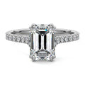 Platinum Emerald Diamond Engagement Ring with Double Prongs, Hidden Halo and Pavé Band