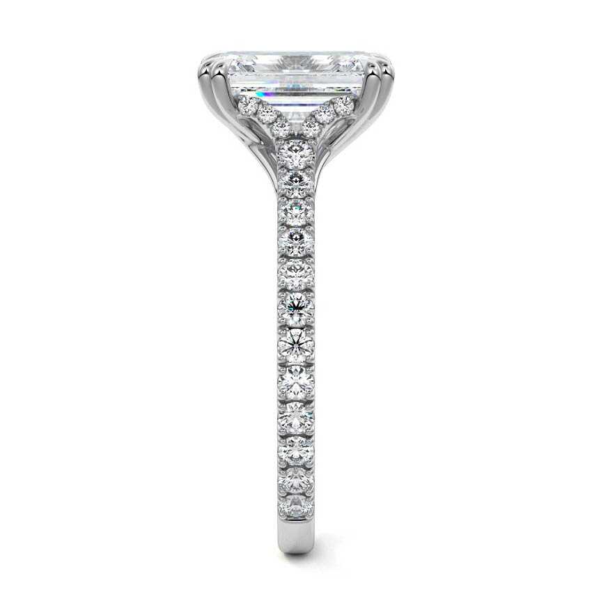 Platinum Emerald Diamond Engagement Ring with Double Prongs, Hidden Halo and Pavé Band