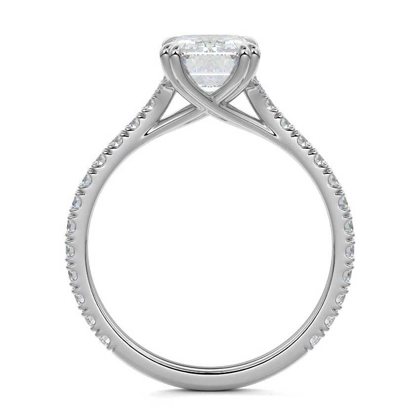 Platinum Emerald Diamond Engagement Ring with Double Prongs, Hidden Halo and Pavé Band