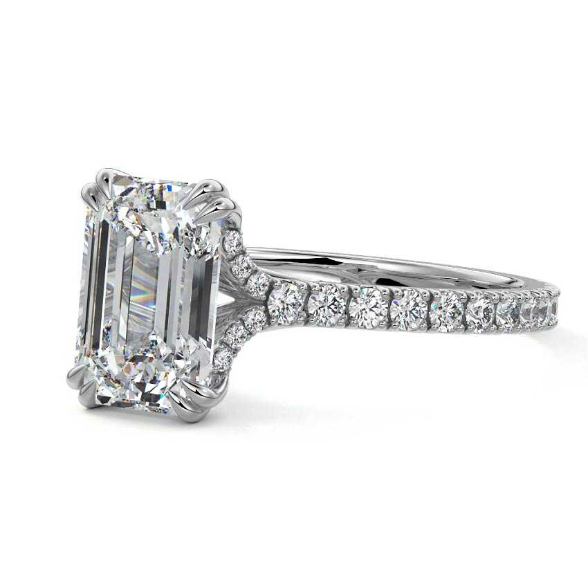 Platinum Emerald Diamond Engagement Ring with Double Prongs, Hidden Halo and Pavé Band