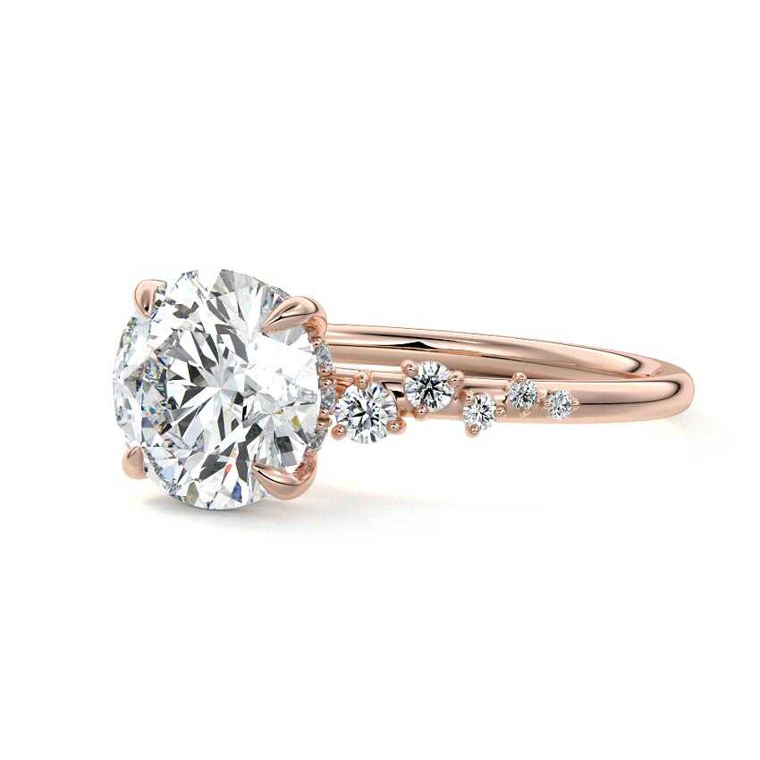 Rose gold Round Diamond Side Stone Engagement Ring with Hidden Halo and Cluster Accents
