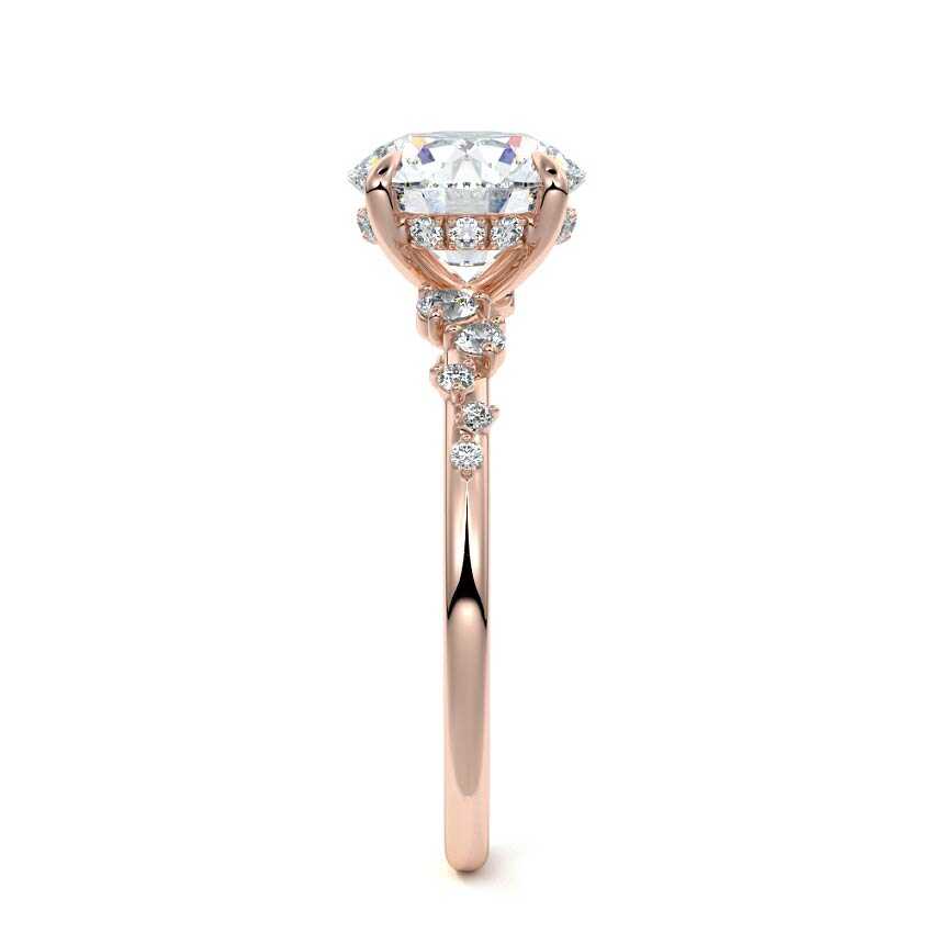 Rose gold Round Diamond Side Stone Engagement Ring with Hidden Halo and Cluster Accents