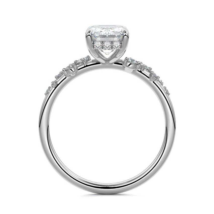 White gold Emerald Diamond Side Stone Engagement Ring with Hidden Halo and Cluster Accents