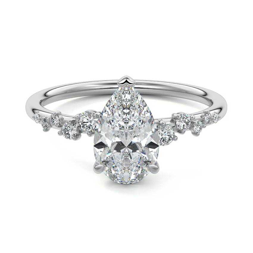 Silver Pear Diamond Side Stone Engagement Ring with Hidden Halo and Cluster Accents