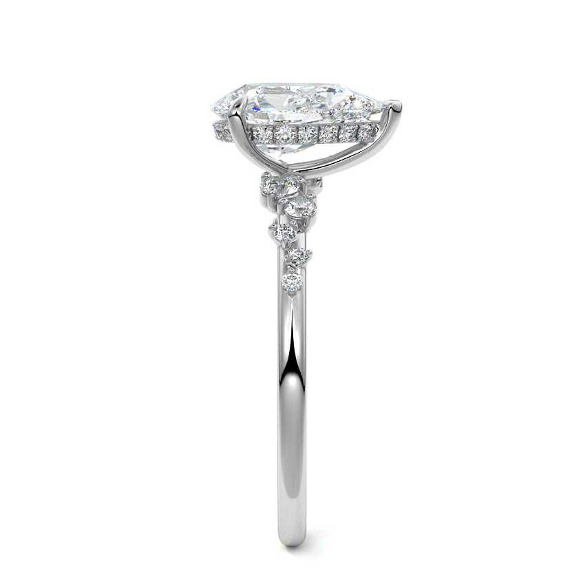 Silver Pear Diamond Side Stone Engagement Ring with Hidden Halo and Cluster Accents