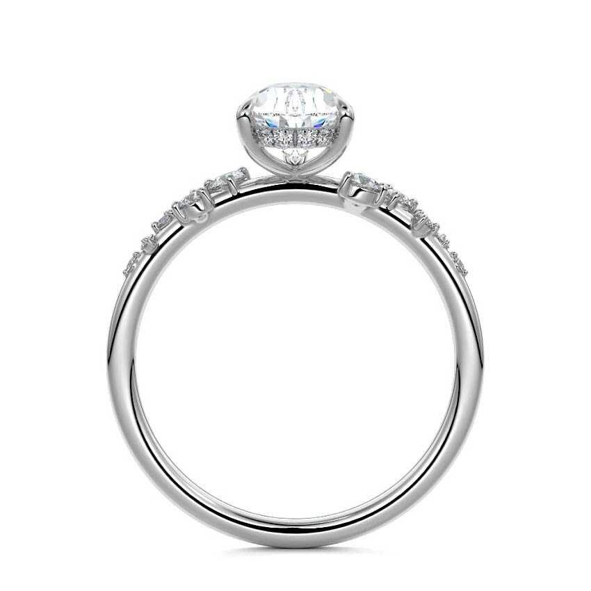 Silver Pear Diamond Side Stone Engagement Ring with Hidden Halo and Cluster Accents
