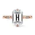 Rose gold Emerald Diamond Side Stone Ring with Flush Set Round Accents in Prong Setting