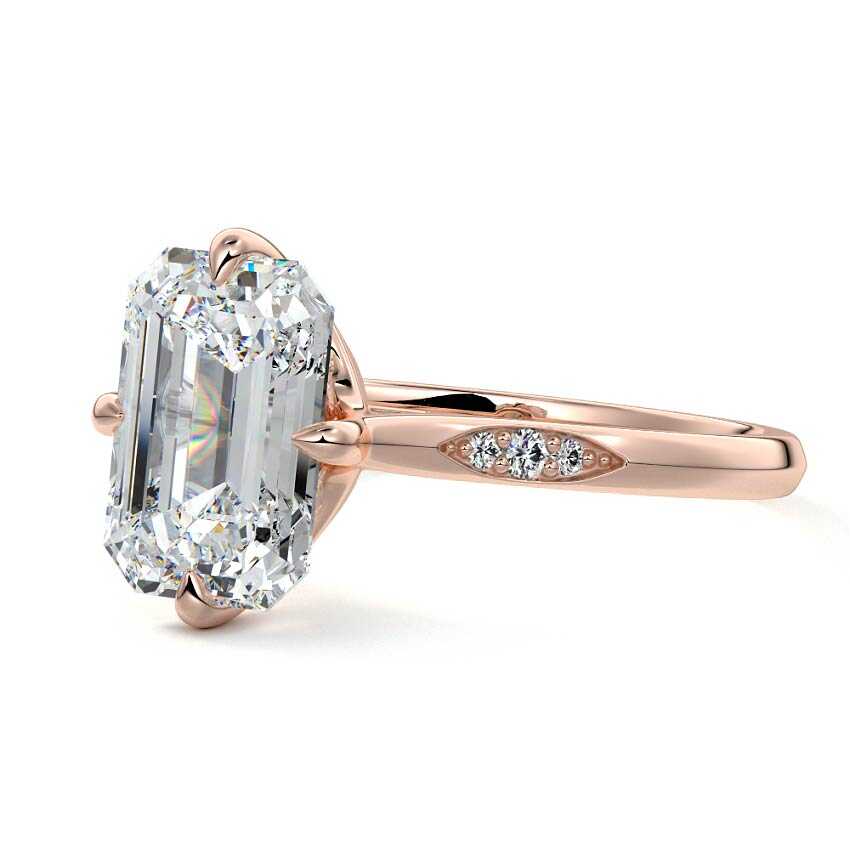 Rose gold Emerald Diamond Side Stone Ring with Flush Set Round Accents in Prong Setting