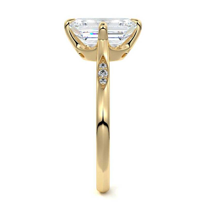 Yellow gold Emerald Diamond Side Stone Ring with Flush Set Round Accents in Prong Setting