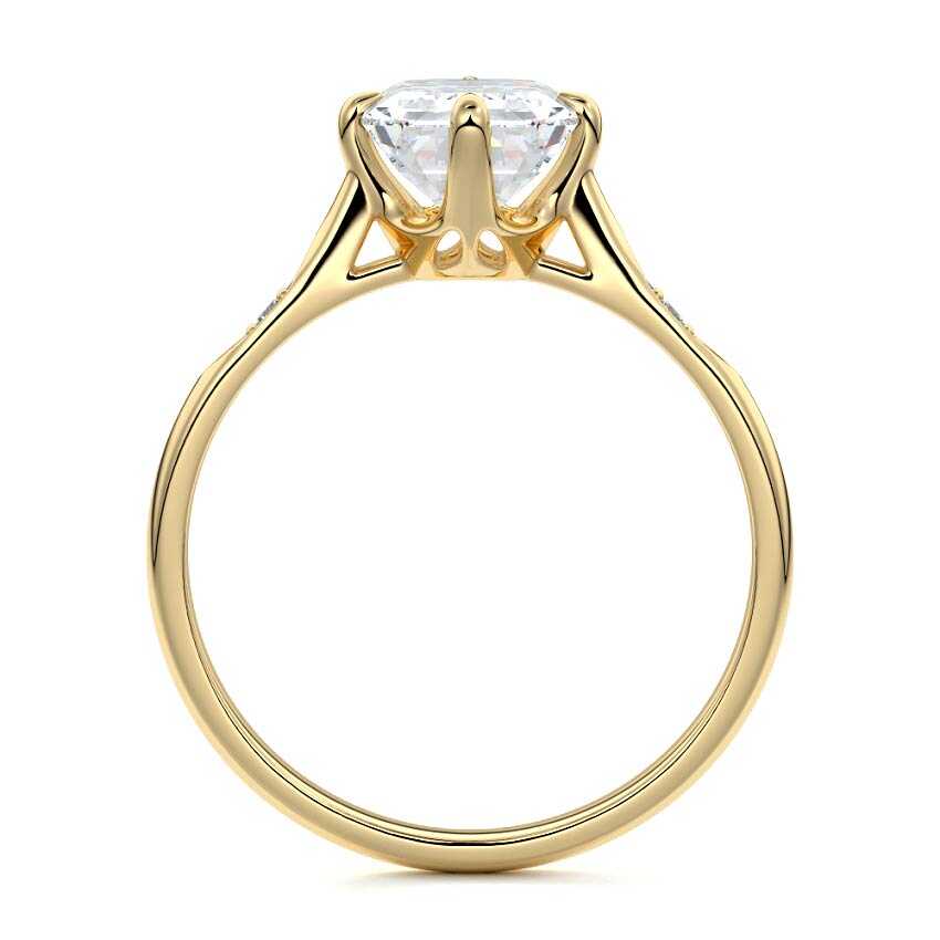 Yellow gold Emerald Diamond Side Stone Ring with Flush Set Round Accents in Prong Setting