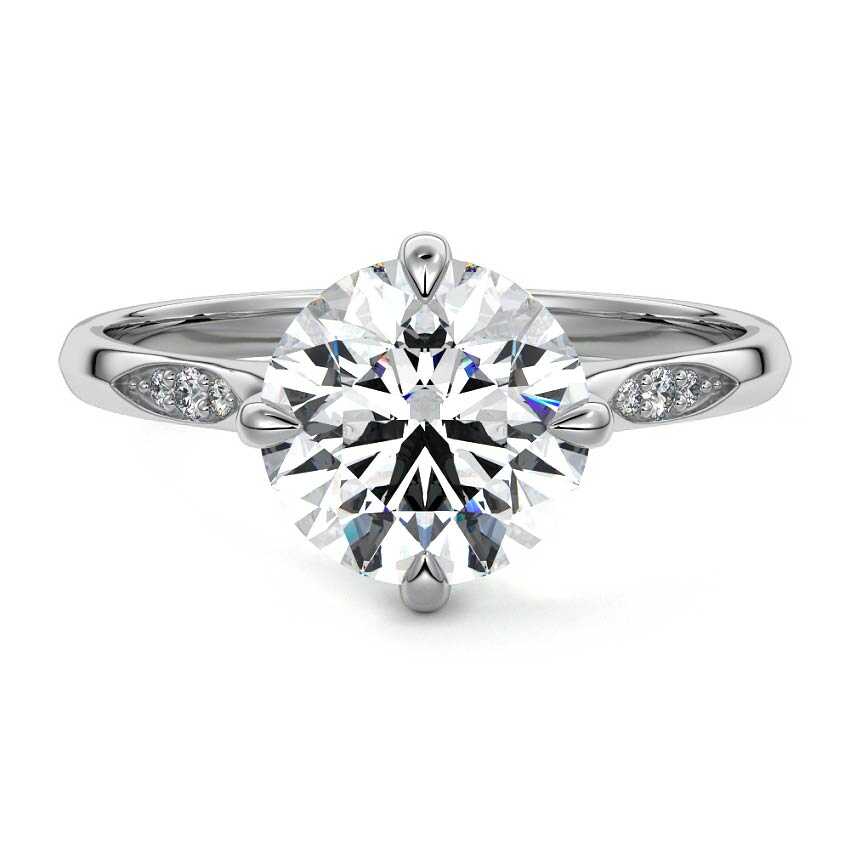 White gold Round Diamond Side Stone Ring with Flush Set Round Accents in Prong Setting