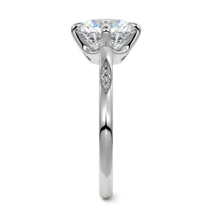 White gold Round Diamond Side Stone Ring with Flush Set Round Accents in Prong Setting
