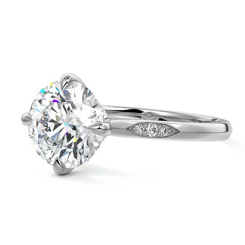 White gold Round Diamond Side Stone Ring with Flush Set Round Accents in Prong Setting