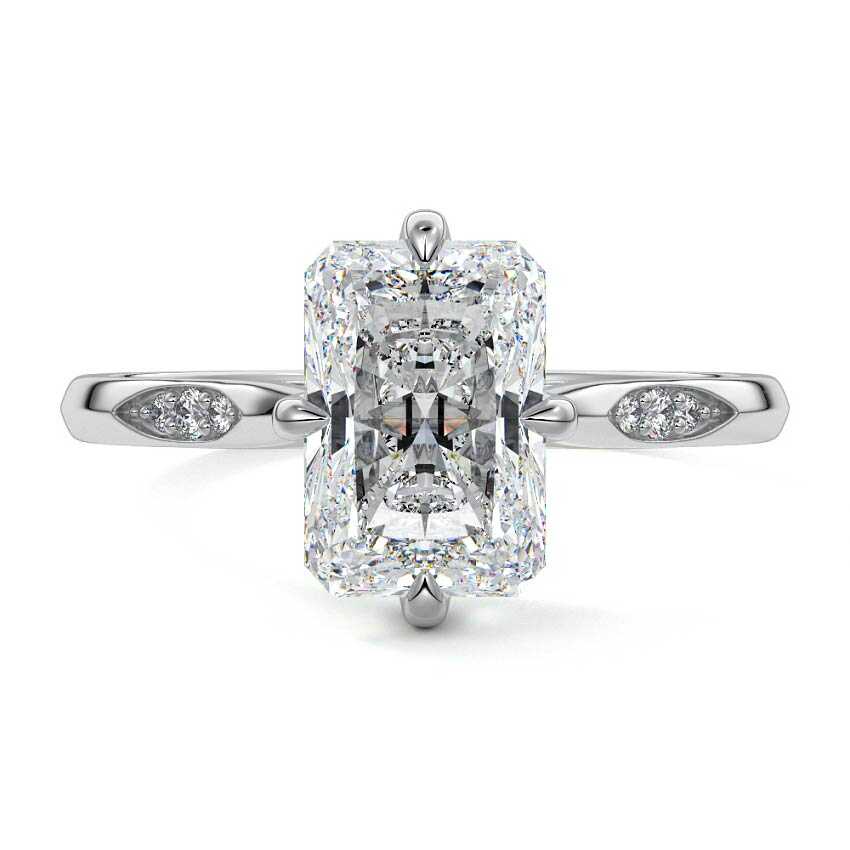 Silver Radiant Diamond Side Stone Ring with Flush Set Round Accents in Prong Setting