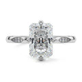 Silver Radiant Diamond Side Stone Ring with Flush Set Round Accents in Prong Setting