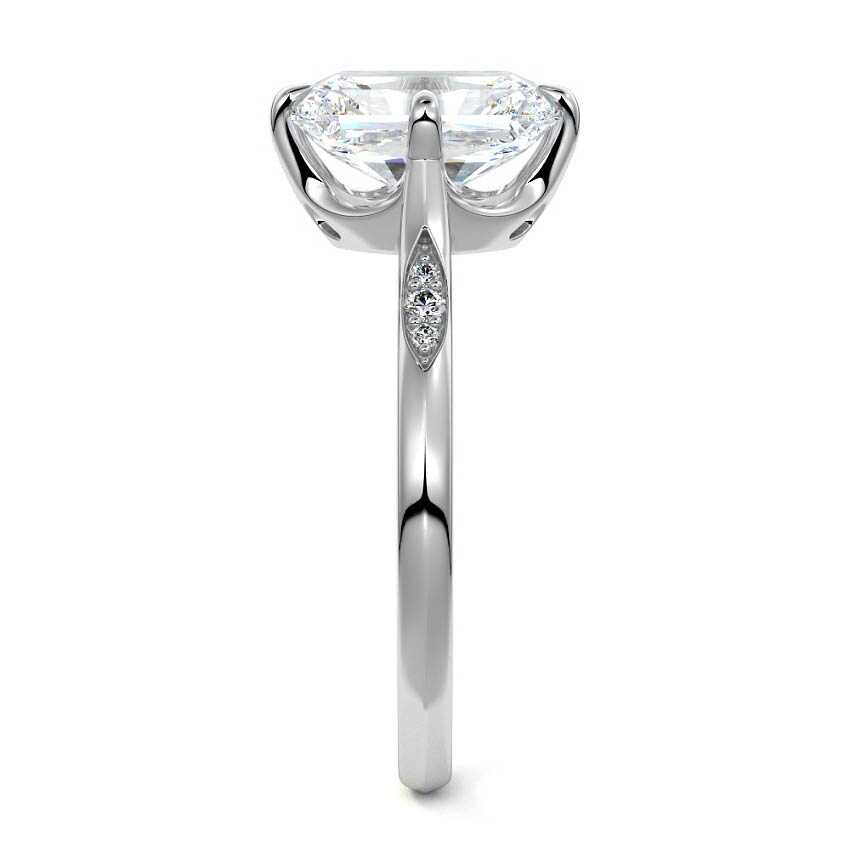 Silver Radiant Diamond Side Stone Ring with Flush Set Round Accents in Prong Setting