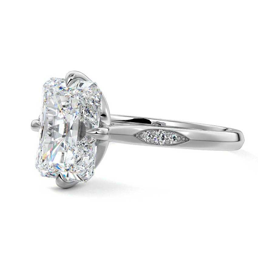 Silver Radiant Diamond Side Stone Ring with Flush Set Round Accents in Prong Setting