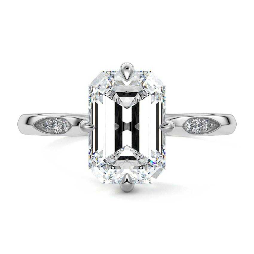Silver Emerald Diamond Side Stone Ring with Flush Set Round Accents in Prong Setting