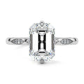 Silver Emerald Diamond Side Stone Ring with Flush Set Round Accents in Prong Setting