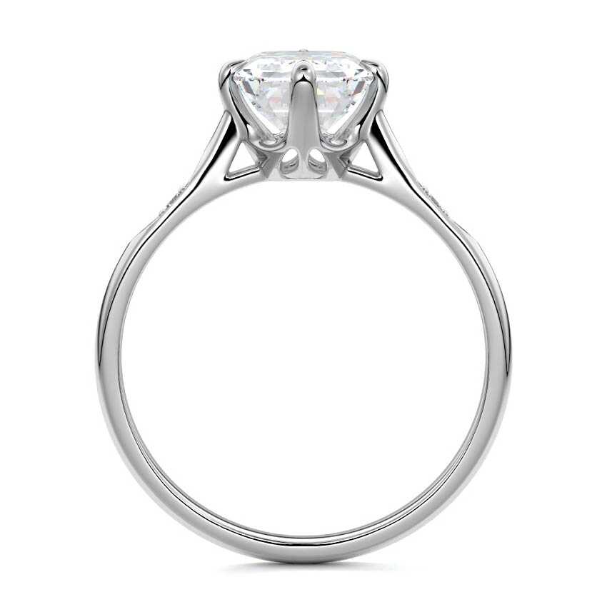 Silver Emerald Diamond Side Stone Ring with Flush Set Round Accents in Prong Setting