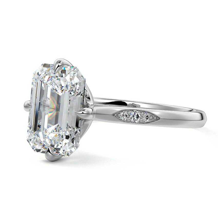 Silver Emerald Diamond Side Stone Ring with Flush Set Round Accents in Prong Setting