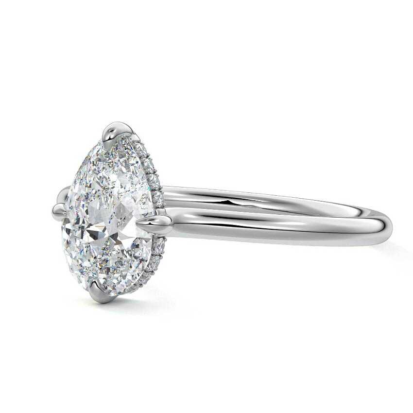 Silver Pear Diamond Solitaire Engagement Ring with Hidden Halo